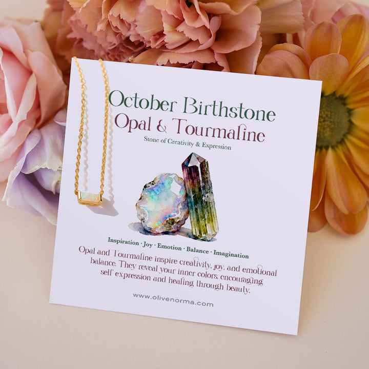 Collier avec pendentif rectangulaire simple Olivenorma en acier inoxydable et pierre de naissance, orné d'une carte cadeau. - Opale - Avec carte de pierre de naissance - image 9