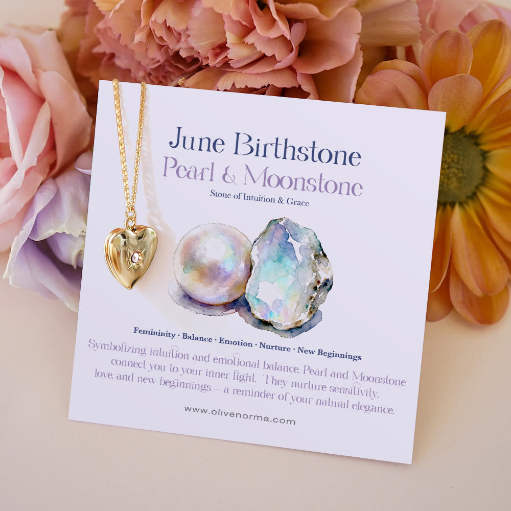 Collier carte cadeau Olivenorma « Brille dans mon cœur » avec pierre de naissance et cœur - Juin et Perle - Avec carte de pierre de naissance - image 3