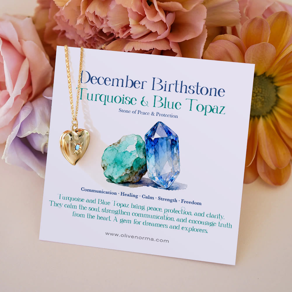 Collier carte cadeau Olivenorma « Brille dans mon cœur » avec pierre de naissance et cœur - Décembre et Turquoise - Avec carte de pierre de naissance - image 14