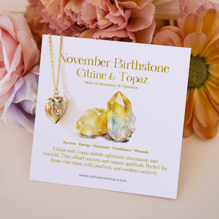 Collier carte cadeau Olivenorma « Brille dans mon cœur » avec pierre de naissance et cœur - Novembre et Citrine - Avec carte de pierre de naissance - image 13