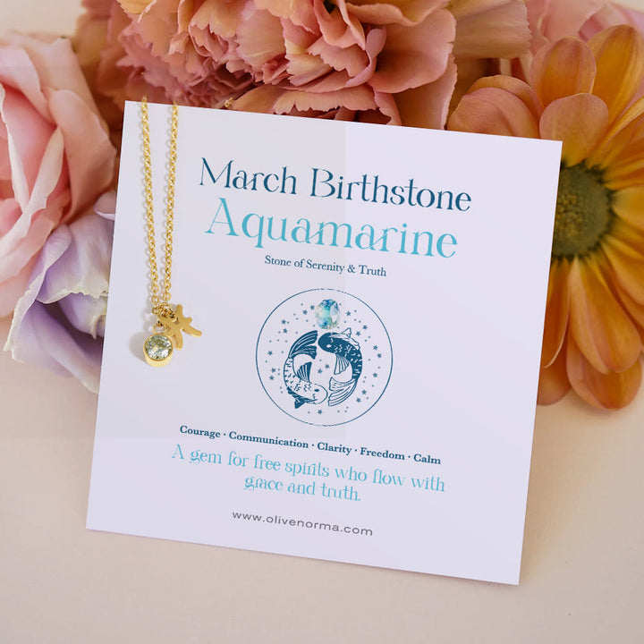 Collier Olivenorma en acier inoxydable avec carte cadeau et rune du zodiaque et pierre de naissance - Mars/Poissons et Aigue-marine - Avec carte du zodiaque - image 0