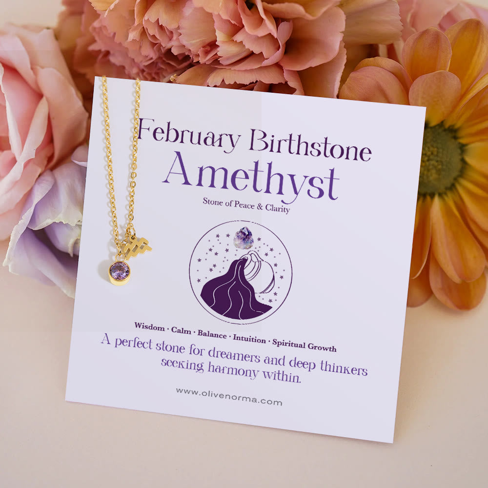 Collier Olivenorma en acier inoxydable avec carte cadeau et rune du zodiaque et pierre de naissance - Février/Verseau et Améthyste - Avec carte du zodiaque - image 5