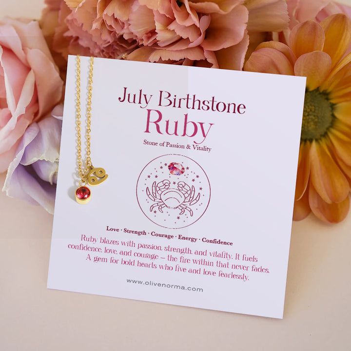Collier Olivenorma en acier inoxydable avec carte cadeau et rune du zodiaque et pierre de naissance - Juillet/Cancer et Rubis - Avec carte du zodiaque - image 9