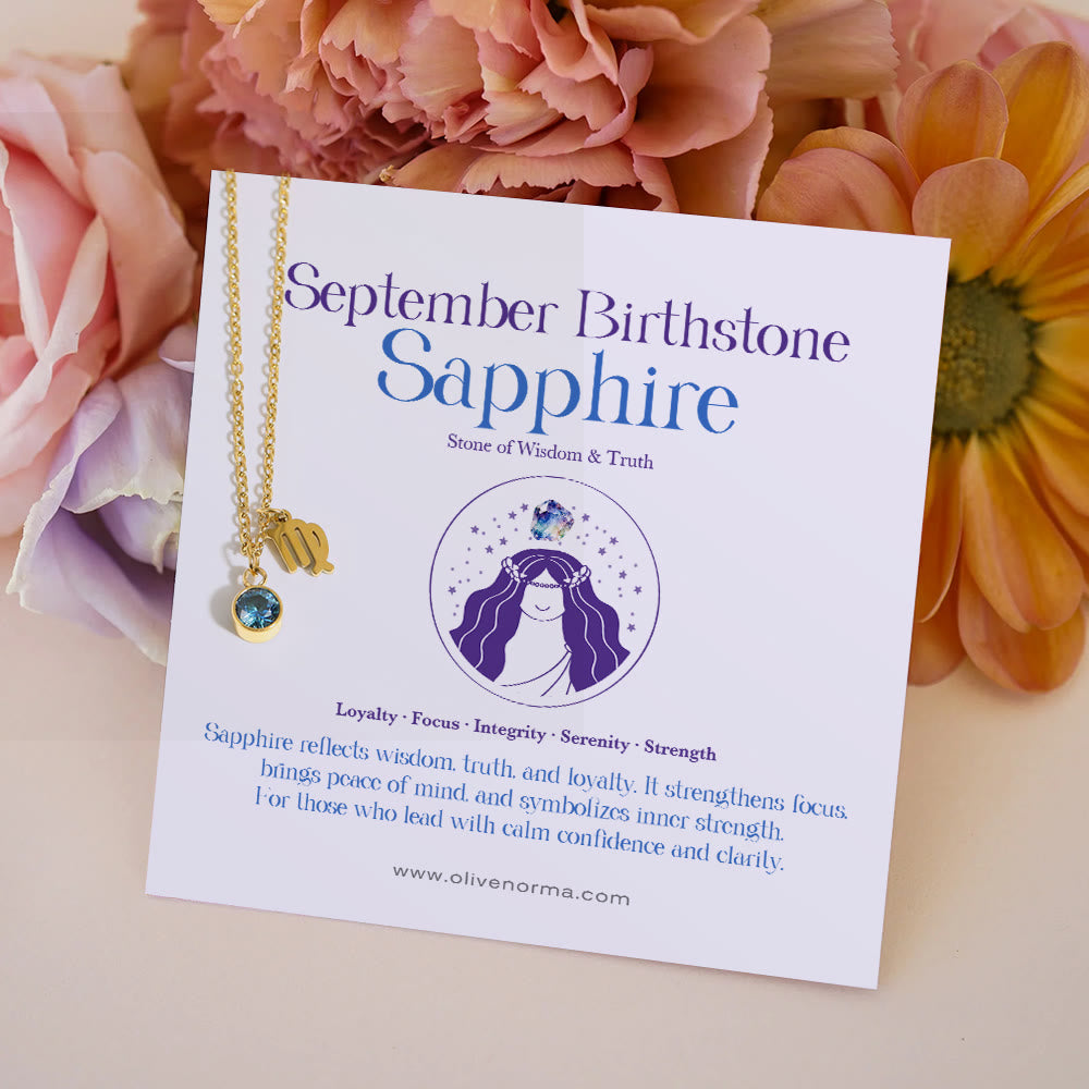 Collier Olivenorma en acier inoxydable avec carte cadeau et rune du zodiaque et pierre de naissance - Septembre/Vierge et Saphir - Avec carte du zodiaque - image 11