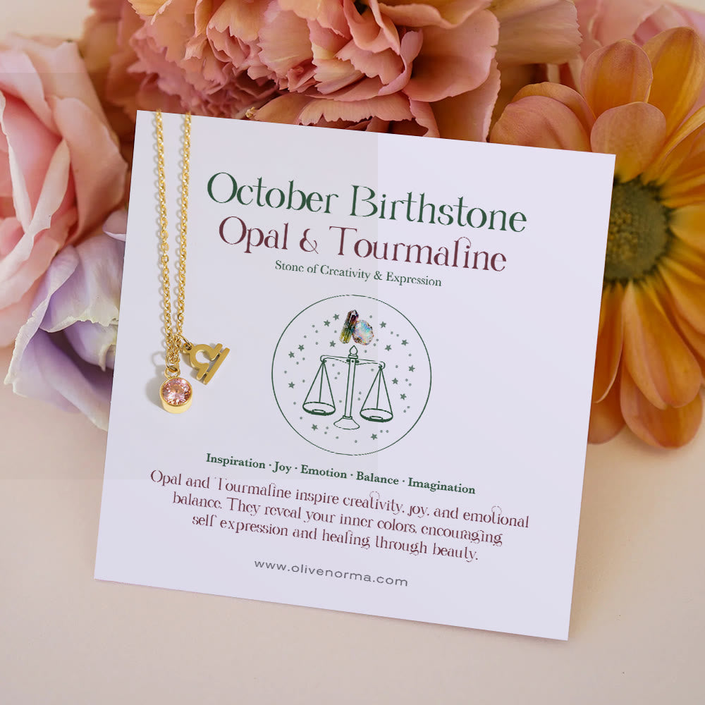 Collier Olivenorma en acier inoxydable avec carte cadeau et rune du zodiaque et pierre de naissance - Octobre/Balance et Quartz rose - Avec carte du zodiaque - image 9