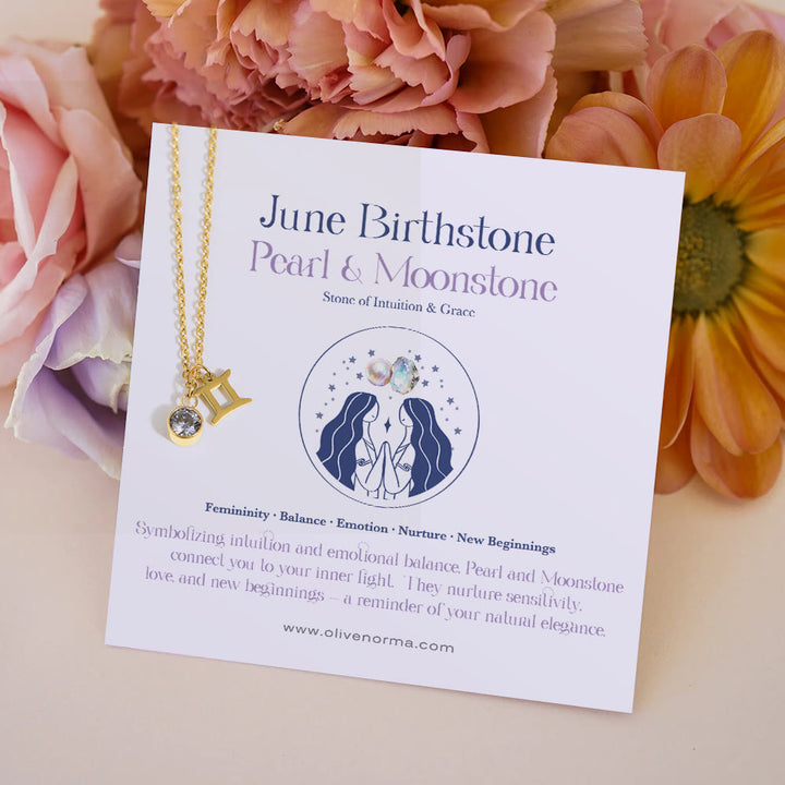 Collier Olivenorma en acier inoxydable avec carte cadeau et rune du zodiaque et pierre de naissance - Juin/Gémeaux et Alexandrite - Avec carte du zodiaque - image 5