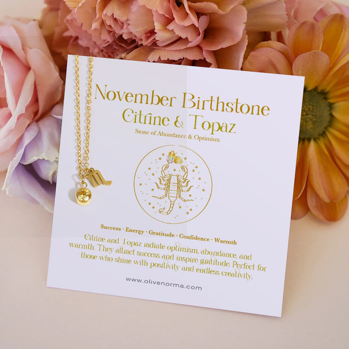 Collier Olivenorma en acier inoxydable avec carte cadeau et rune du zodiaque et pierre de naissance - Novembre/Scorpion et Citrine - Avec carte du zodiaque - image 13