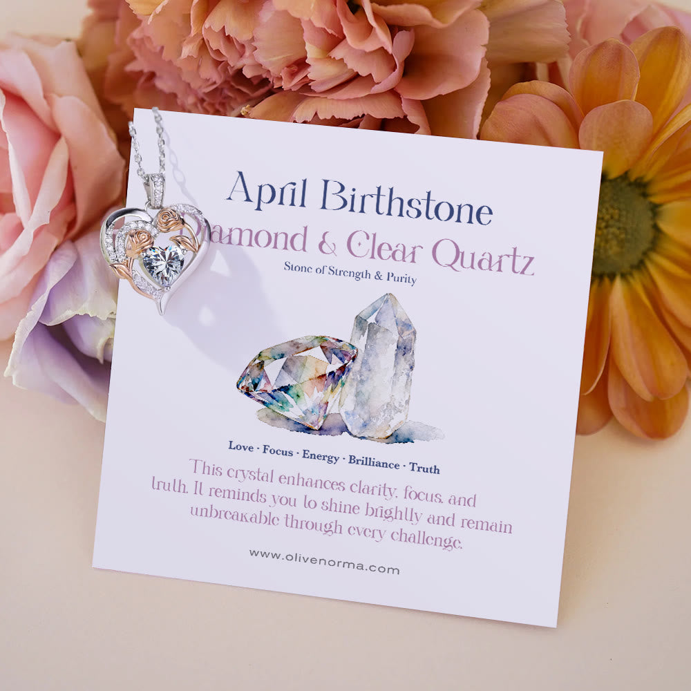 Olivenorma Double Roses Cœur Fleur Pierre de Naissance Carte Cadeau - Avril - Diamant et Quartz Clair - Avec carte de pierre de naissance - image 3
