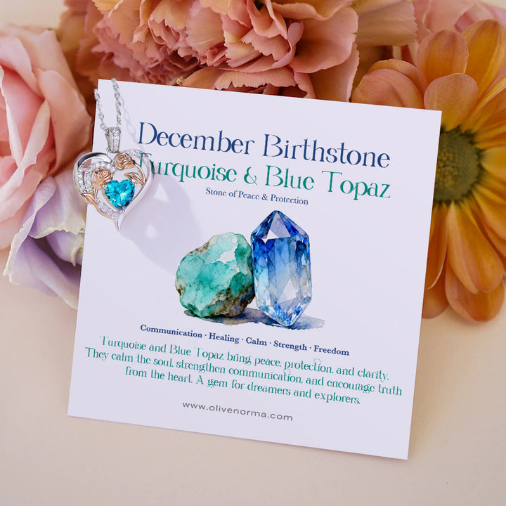 Olivenorma Double Roses Cœur Fleur Pierre de Naissance Carte Cadeau - Décembre - Turquoise et Topaze bleue - Avec carte de pierre de naissance - image 25