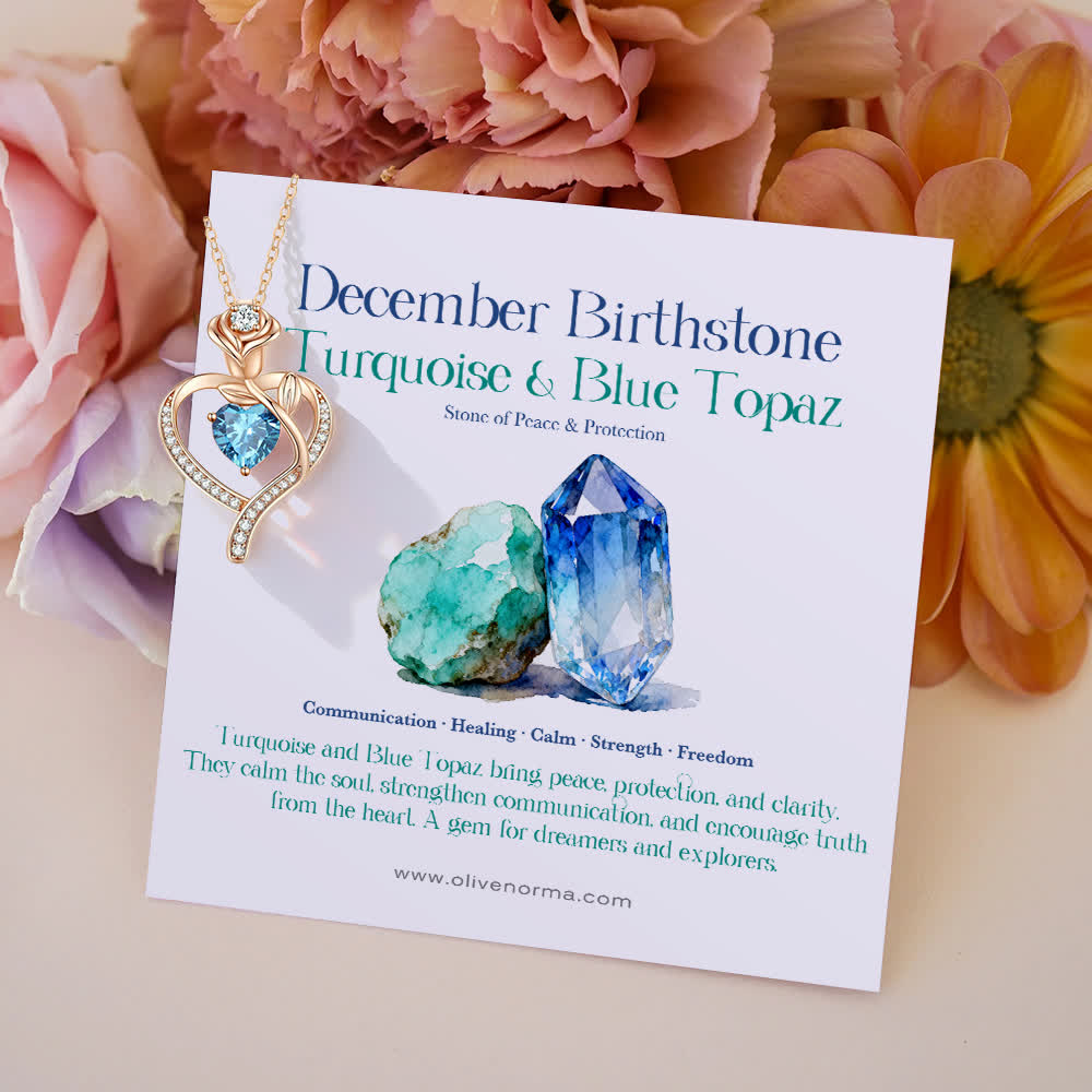 Olivenorma Rose Fleur Cœur Pierre de Naissance Carte Cadeau - Décembre - Turquoise et Topaze bleue - Avec carte de pierre de naissance - image 26