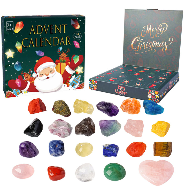 Calendrier de l'Avent Olivenorma en résine verte et cristal, boîte mystère 2026 - Pierre brute + Pierre roulée + Cristal en forme de cœur - image 4