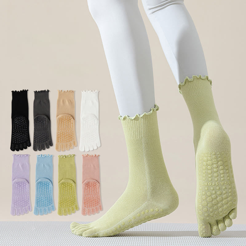 Chaussettes de Pilates et de barre Olivenorma mi-mollet respirantes, antidérapantes, à cinq orteils séparés, avec semelle adhérente et design élégant en dentelle. - image 0