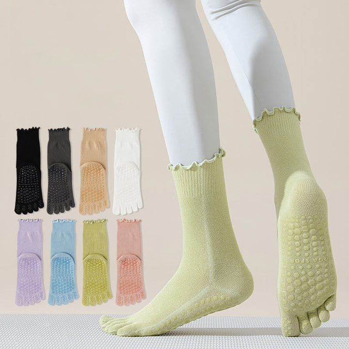 Chaussettes de Pilates et de barre Olivenorma mi-mollet respirantes, antidérapantes, à cinq orteils séparés, avec semelle adhérente et design élégant en dentelle. - image 0