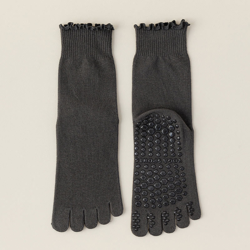 Chaussettes de Pilates et de barre Olivenorma mi-mollet respirantes, antidérapantes, à cinq orteils séparés, avec semelle adhérente et design élégant en dentelle. - Gris foncé - 10 paires - image 3
