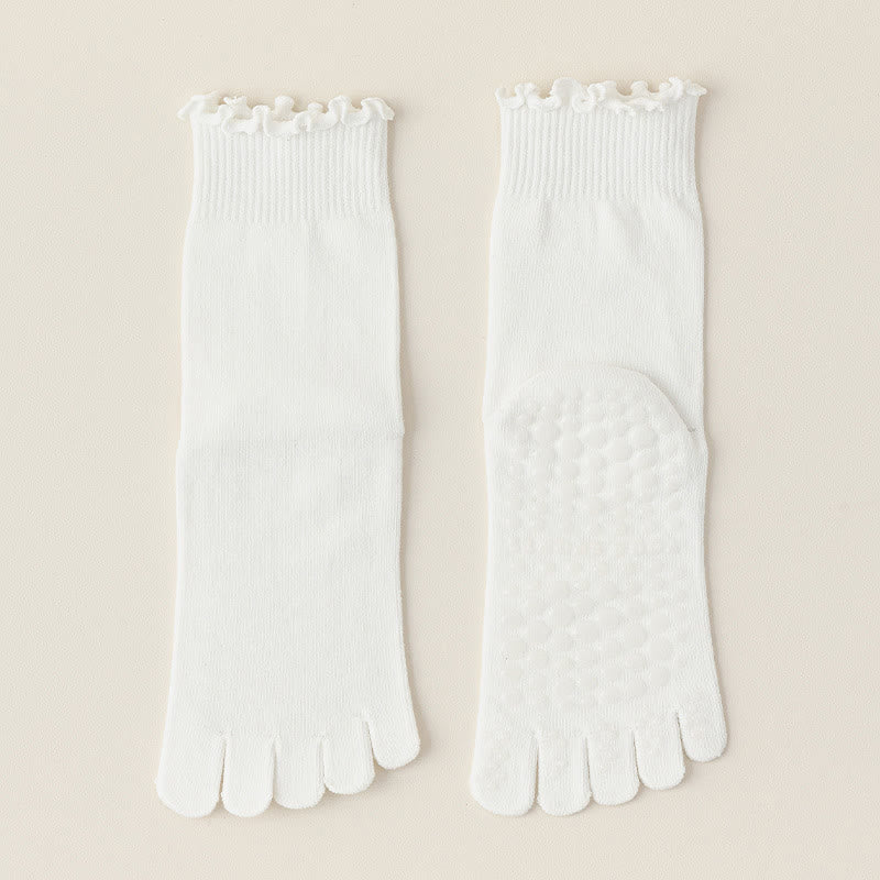 Chaussettes de Pilates et de barre Olivenorma mi-mollet respirantes, antidérapantes, à cinq orteils séparés, avec semelle adhérente et design élégant en dentelle. - Blanc - 10 paires - image 1