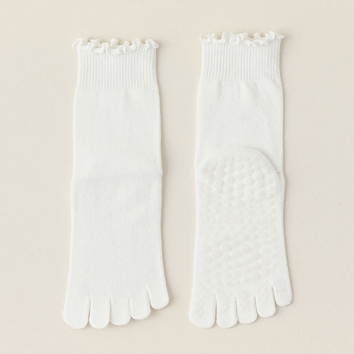 Chaussettes de Pilates et de barre Olivenorma mi-mollet respirantes, antidérapantes, à cinq orteils séparés, avec semelle adhérente et design élégant en dentelle. - Blanc - 10 paires - image 1