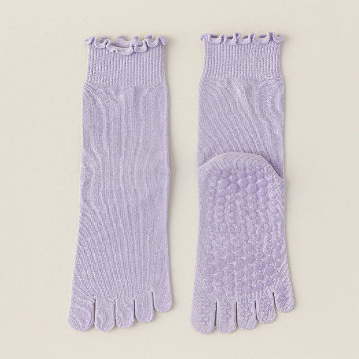 Chaussettes de Pilates et de barre Olivenorma mi-mollet respirantes, antidérapantes, à cinq orteils séparés, avec semelle adhérente et design élégant en dentelle. - Violet - 10 paires - image 16