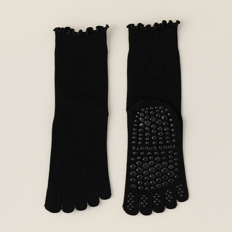 Chaussettes de Pilates et de barre Olivenorma mi-mollet respirantes, antidérapantes, à cinq orteils séparés, avec semelle adhérente et design élégant en dentelle. - Noir - 10 paires - image 2