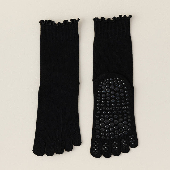 Chaussettes de Pilates et de barre Olivenorma mi-mollet respirantes, antidérapantes, à cinq orteils séparés, avec semelle adhérente et design élégant en dentelle. - Noir - 10 paires - image 2