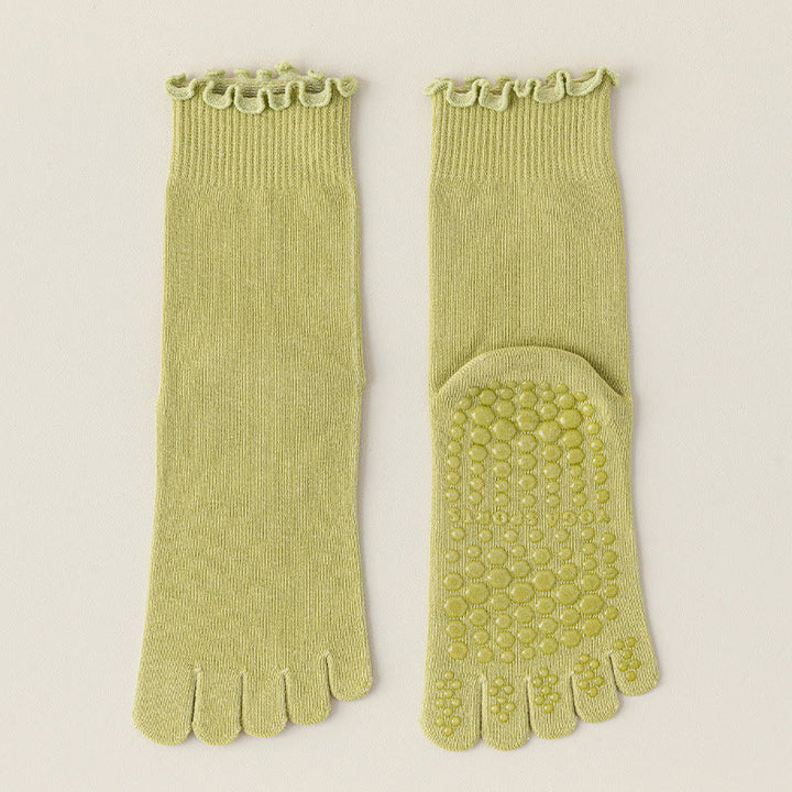 Chaussettes de Pilates et de barre Olivenorma mi-mollet respirantes, antidérapantes, à cinq orteils séparés, avec semelle adhérente et design élégant en dentelle. - Vert - 10 paires - image 6