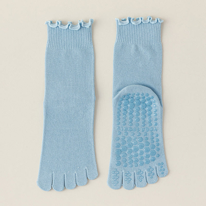 Chaussettes de Pilates et de barre Olivenorma mi-mollet respirantes, antidérapantes, à cinq orteils séparés, avec semelle adhérente et design élégant en dentelle. - Bleu - 10 paires - image 11