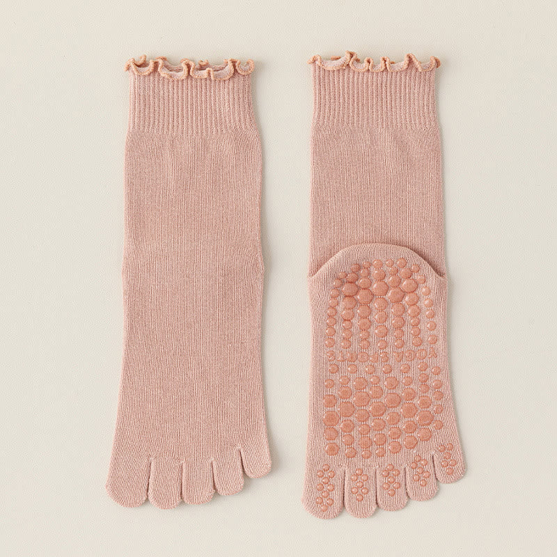 Chaussettes de Pilates et de barre Olivenorma mi-mollet respirantes, antidérapantes, à cinq orteils séparés, avec semelle adhérente et design élégant en dentelle. - Rose - 10 paires - image 5
