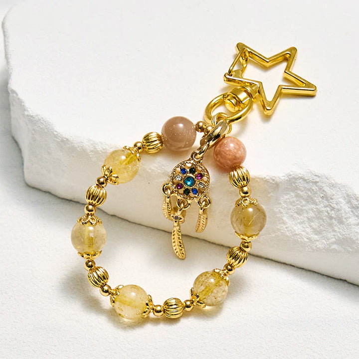 Porte-clés Olivenorma en pierre de soleil et quartz rutile doré, dragonne en cristal pour téléphone - Quartz rutile en pierre de soleil et or - image 0