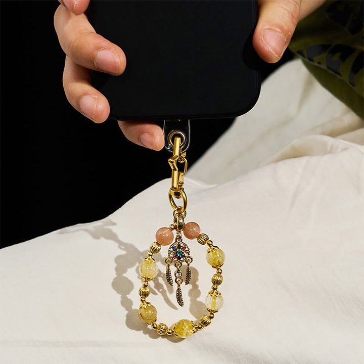 Porte-clés Olivenorma en pierre de soleil et quartz rutile doré, dragonne en cristal pour téléphone - image 3