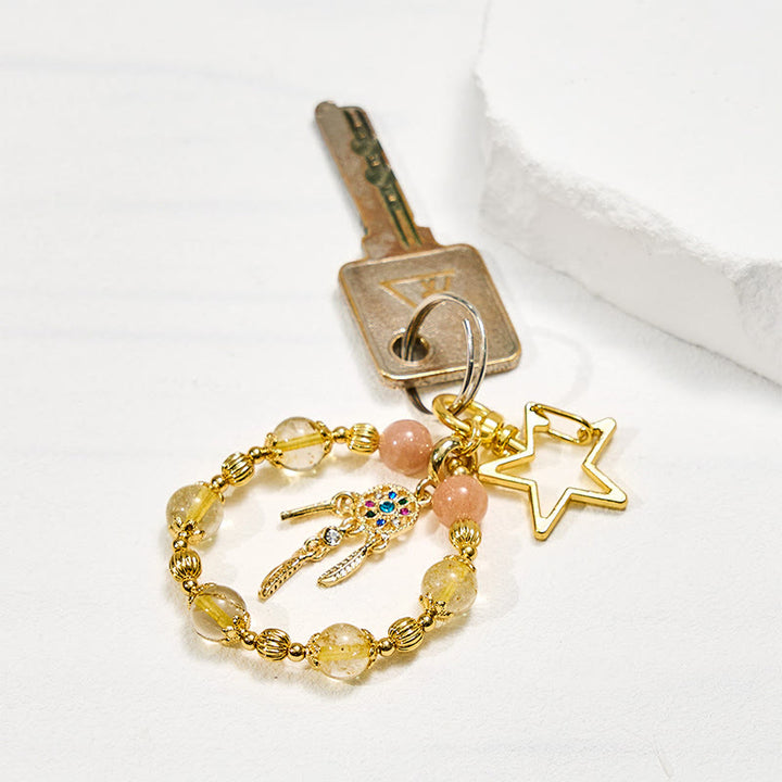 Porte-clés Olivenorma en pierre de soleil et quartz rutile doré, dragonne en cristal pour téléphone - image 1