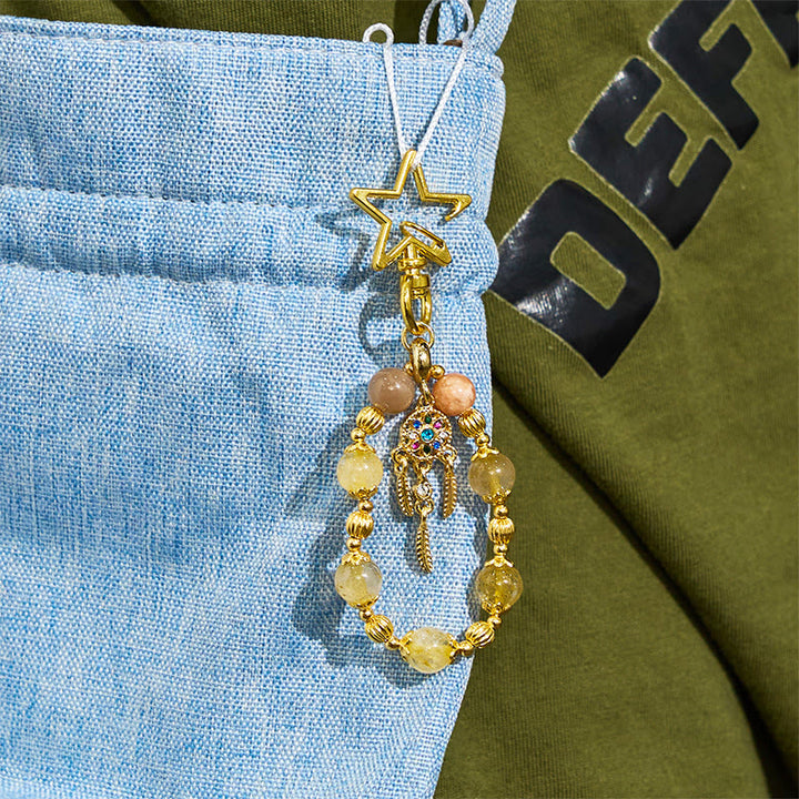 Porte-clés Olivenorma en pierre de soleil et quartz rutile doré, dragonne en cristal pour téléphone - image 5