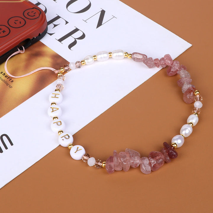 Porte-clés Olivenorma en perles naturelles et dragonne pour téléphone en cristal - Quartz fraise - image 5