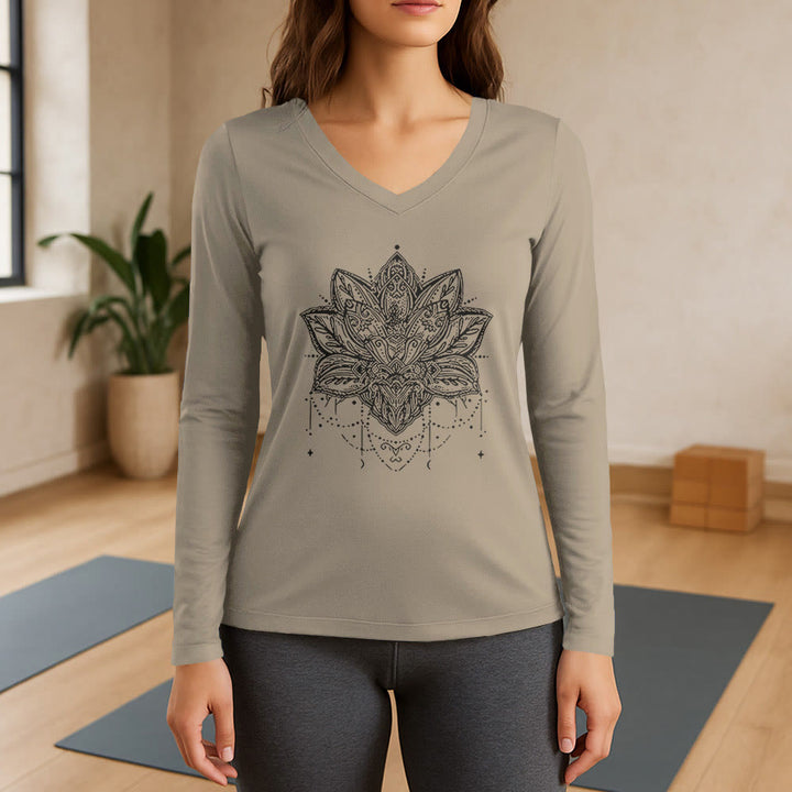 T-shirt Olivenorma Lotus imprimé manches longues col V taille L - Kaki - 3XL - image 17