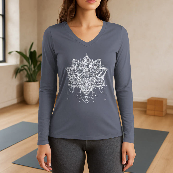 T-shirt Olivenorma Lotus imprimé manches longues col V taille L - Gris - 3XL - image 16