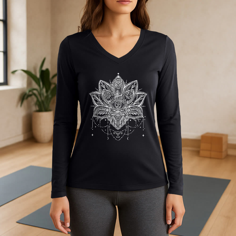 T-shirt Olivenorma Lotus imprimé manches longues col V taille L - Noir - 3XL - image 9