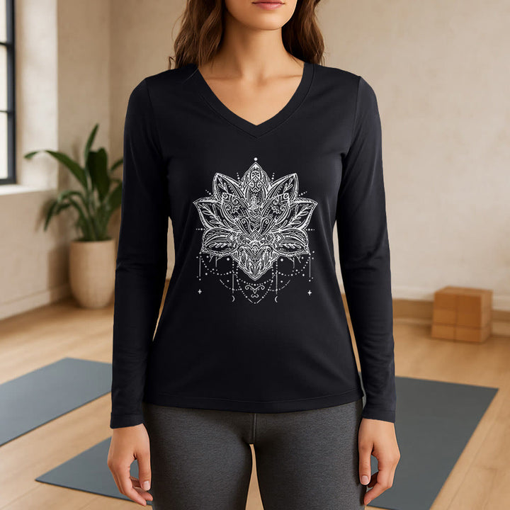 T-shirt Olivenorma Lotus imprimé manches longues col V taille L - Noir - 3XL - image 9