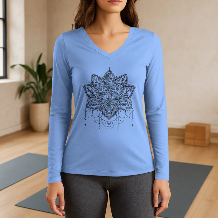 T-shirt Olivenorma Lotus imprimé manches longues col V taille L - Bleu clair - 3XL - image 10