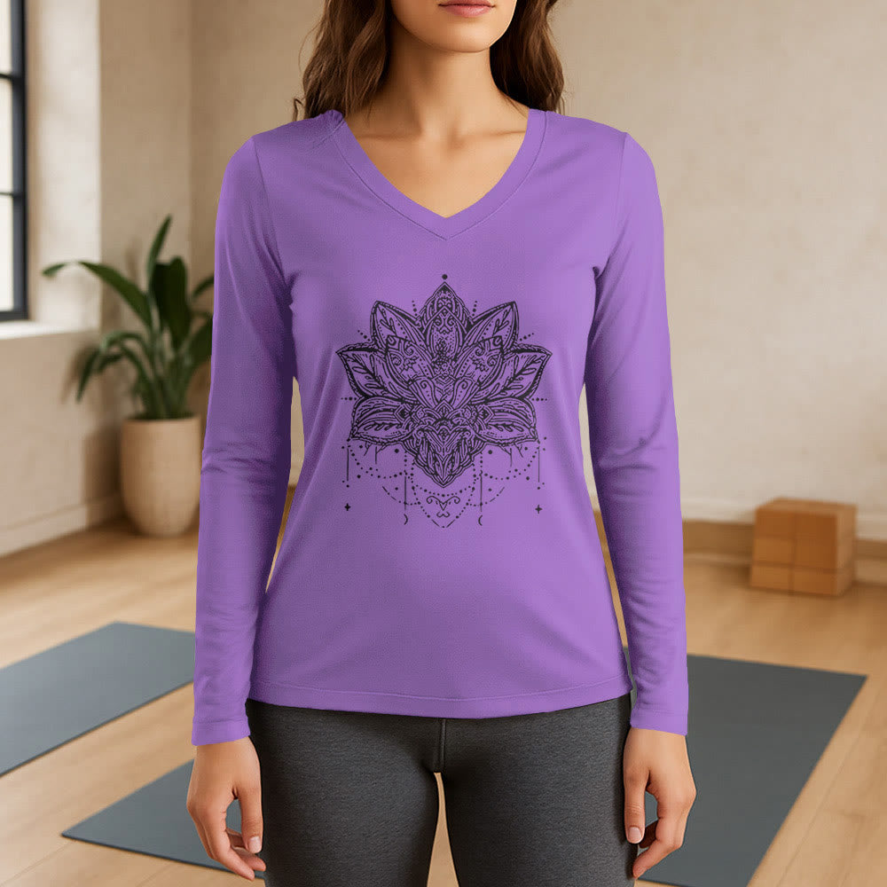 T-shirt Olivenorma Lotus imprimé manches longues col V taille L - Violet - 3XL - image 14