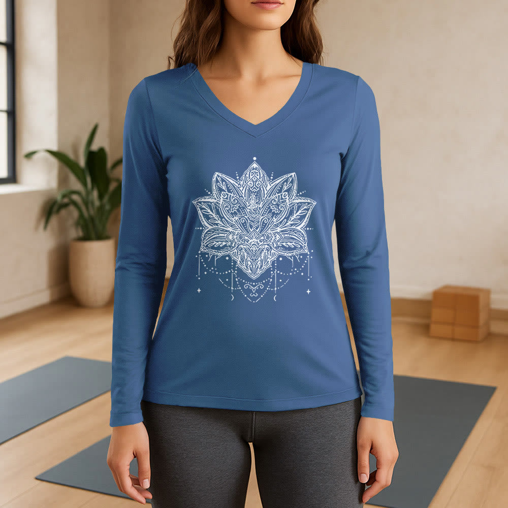 T-shirt Olivenorma Lotus imprimé manches longues col V taille L - Bleu - 3XL - image 12