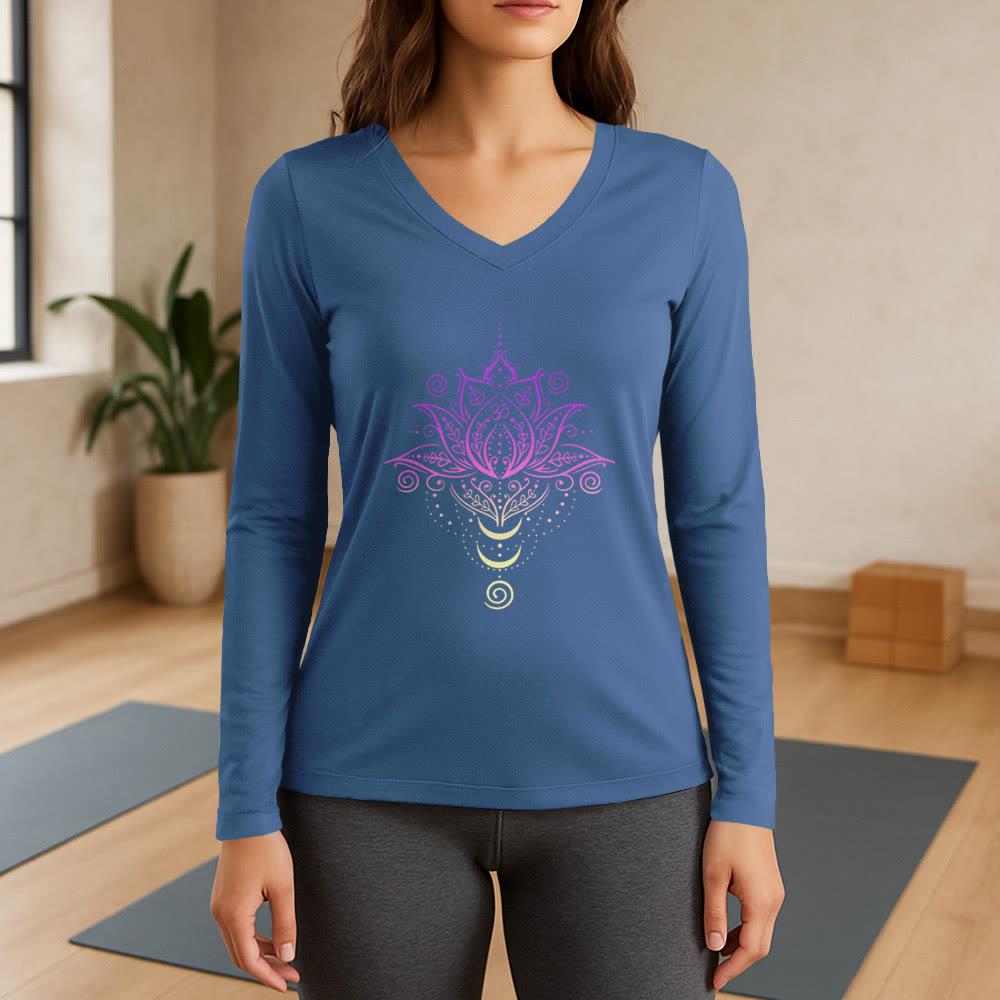 T-shirt à manches longues et col en V Olivenorma OM Fleur de lotus - Bleu - 3XL - image 12