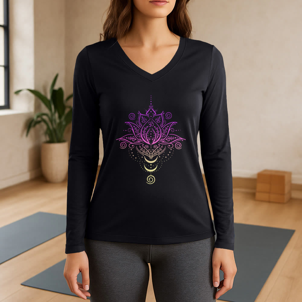 T-shirt à manches longues et col en V Olivenorma OM Fleur de lotus - Noir - 3XL - image 0