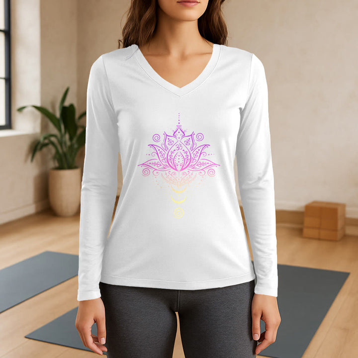 T-shirt à manches longues et col en V Olivenorma OM Fleur de lotus - Blanc - 3XL - image 7