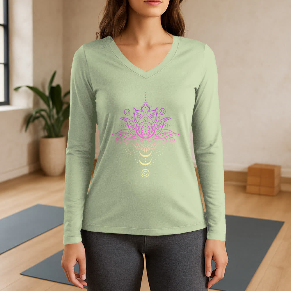 T-shirt à manches longues et col en V Olivenorma OM Fleur de lotus - Vert clair - 3XL - image 9