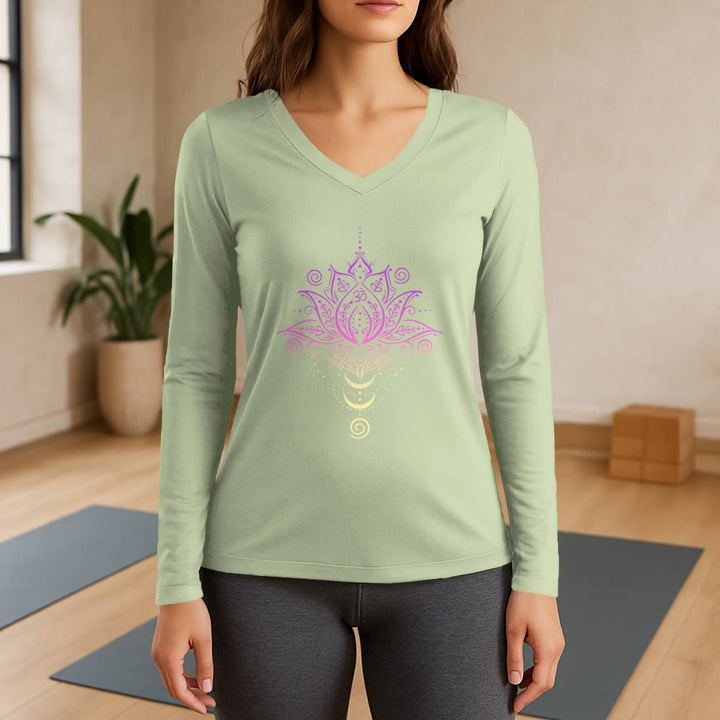 T-shirt à manches longues et col en V Olivenorma OM Fleur de lotus - Vert clair - 3XL - image 9