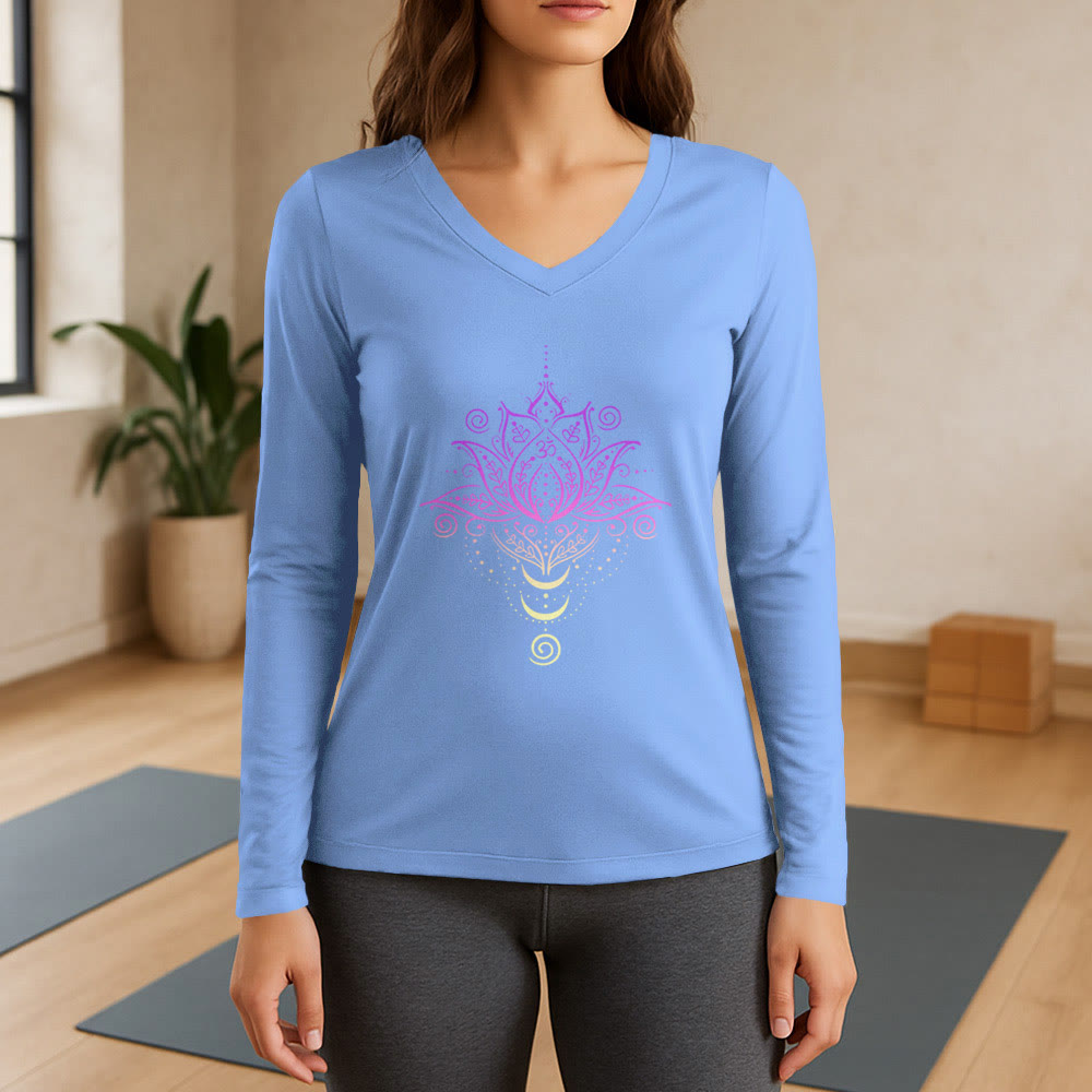 T-shirt à manches longues et col en V Olivenorma OM Fleur de lotus - Bleu clair - 3XL - image 10