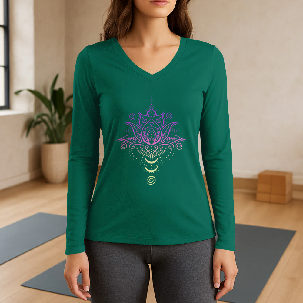 T-shirt à manches longues et col en V Olivenorma OM Fleur de lotus - Vert - 3XL - image 11