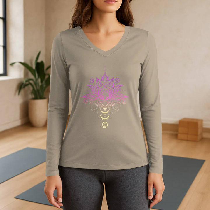 T-shirt à manches longues et col en V Olivenorma OM Fleur de lotus - Kaki - 3XL - image 17