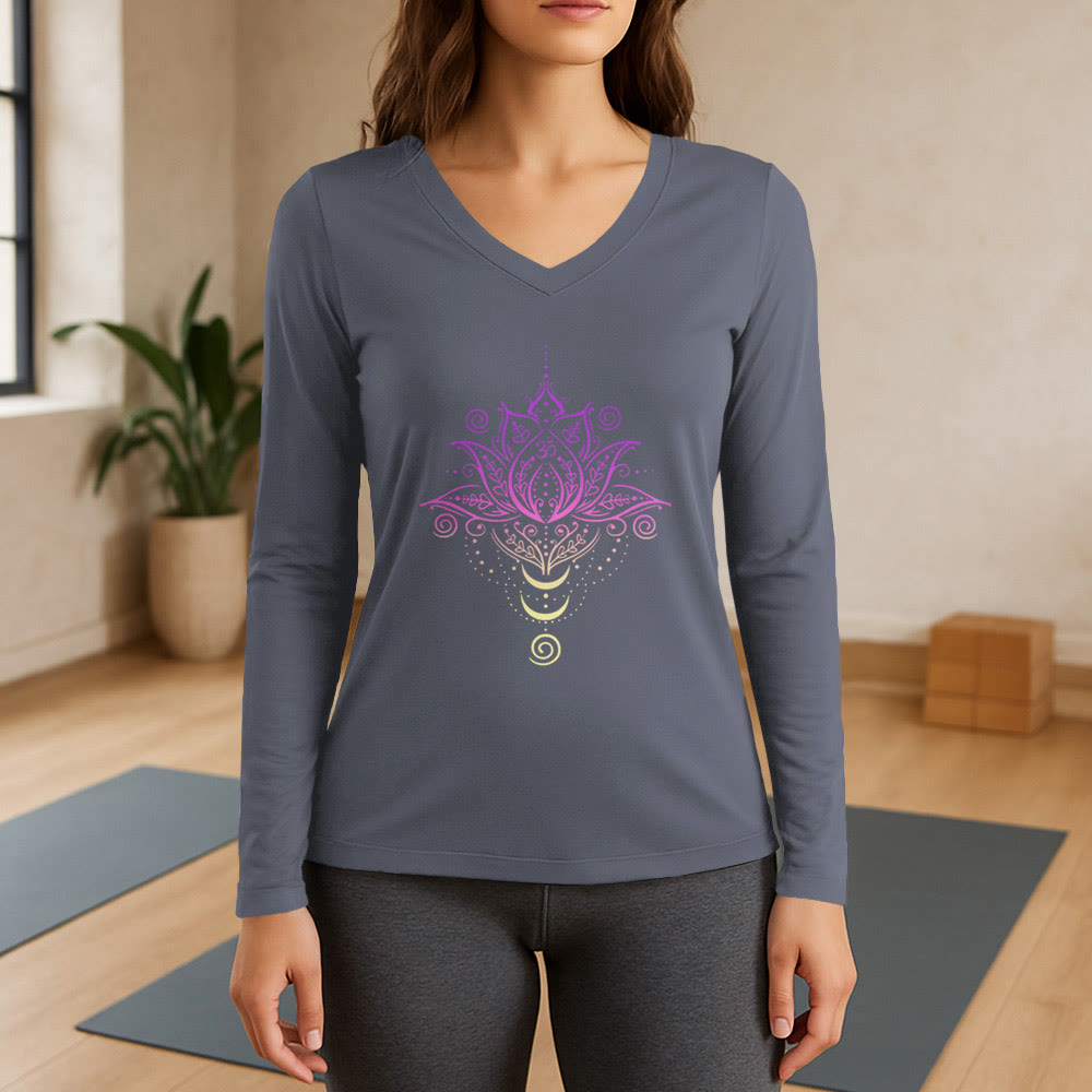 T-shirt à manches longues et col en V Olivenorma OM Fleur de lotus - Gris - 3XL - image 16