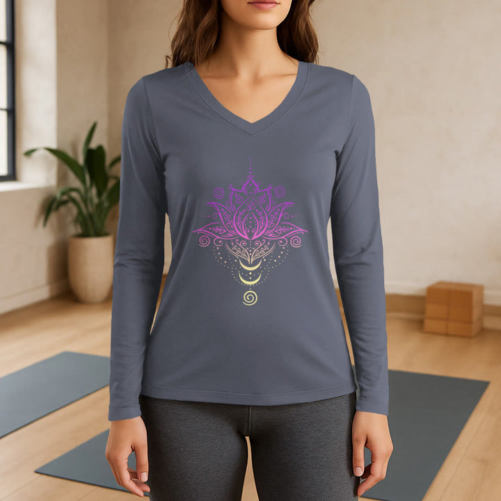 T-shirt à manches longues et col en V Olivenorma OM Fleur de lotus - Gris - 3XL - image 16