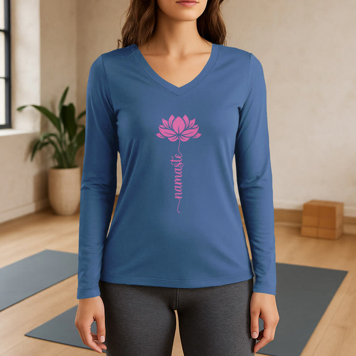 Olivenorma Namaste Lotus Yoga T-shirt à manches longues et col en V - Bleu - 3XL - image 12