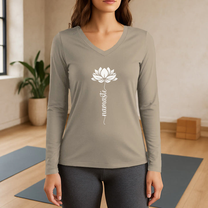 Olivenorma Namaste Lotus Yoga T-shirt à manches longues et col en V - Kaki - 3XL - image 17